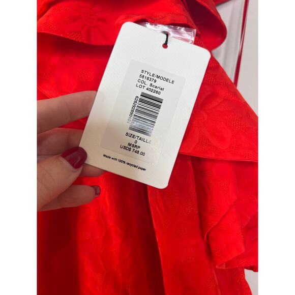 NWT Amur Ruffled Gathered Floral-Jacquard Lined Cap Sleeve Hi-Lo Dress Red Sz: 0 - Picture 6 of 9